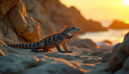 Iguana basking in the warm light of a golden sunset