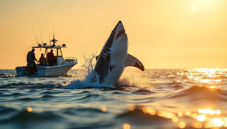 Great white shark breaching the ocean's surface at sunriseの写真素材