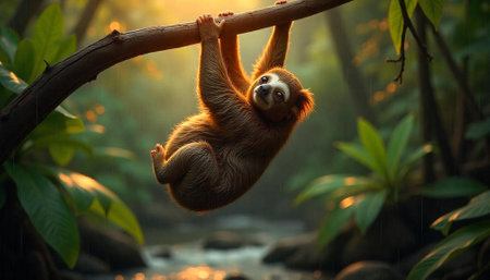 Sloth hanging on a branch in tropical rainforest