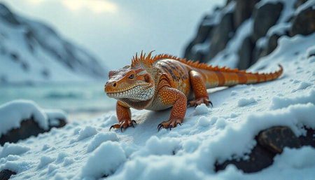 Orange iguana in winter landscape on snow covered groundの写真素材