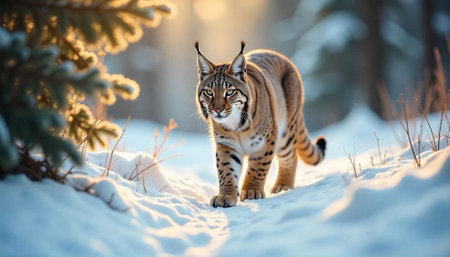 Lynx cat walking through snow in winter forestの写真素材