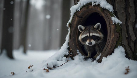 Raccoon peeking out of a snow-covered tree hollowの写真素材