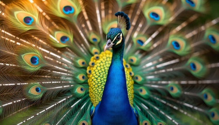 Peacock displaying iridescent plumage against blurred background in vibrant colors