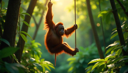 Orangutan swings on vine amidst vibrant jungle foliage backdropの写真素材
