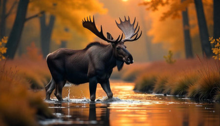 Moose crossing river during sunrise in autumn forestの写真素材