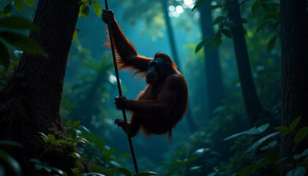 Orangutan swinging on vine in lush jungle settingの写真素材