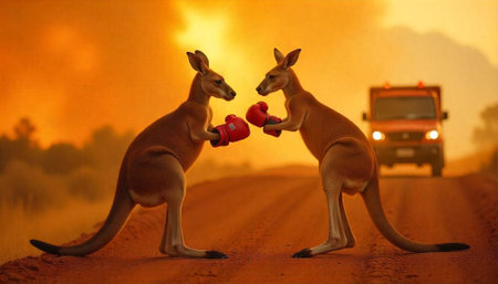 Two kangaroos boxing in Australian outback at duskの写真素材