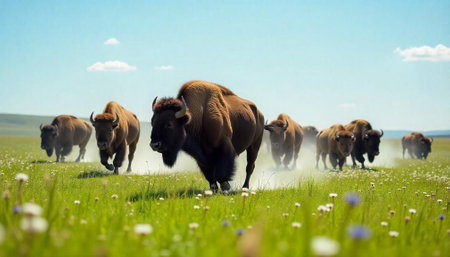 Herd of bison running across flower filled prairie landscapeの写真素材