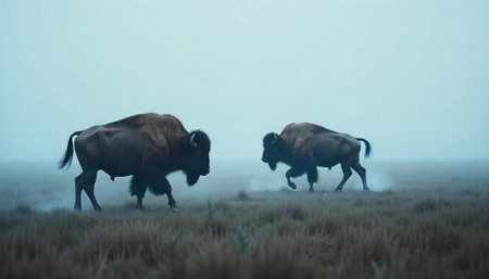 Two bison walking in a foggy field encounter each otherの写真素材