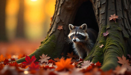 Raccoon peeking out of a tree trunk during autumnの写真素材