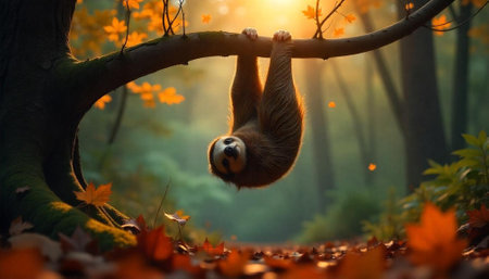 Hanging sloth in autumn forest with golden lightの写真素材