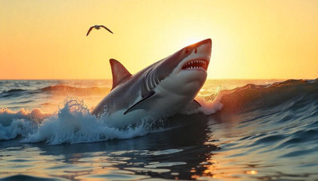Great white shark breaching ocean waves at sunset lightの写真素材