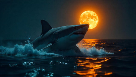 Great white shark breaching ocean surface during lunar nightの写真素材