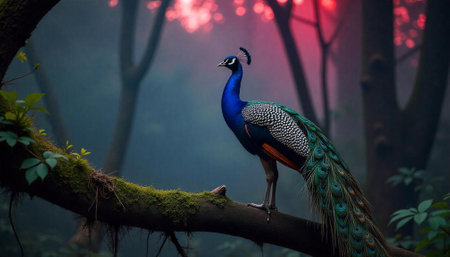 Peacock perched on branch in enchanted misty forest scenery