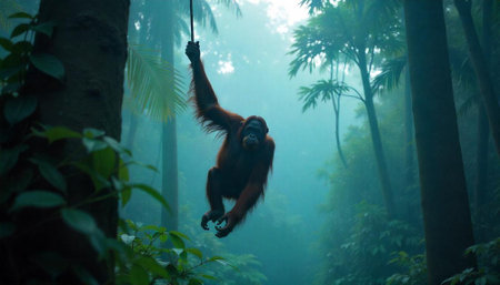 Orangutan hanging from vine in misty tropical forestの写真素材