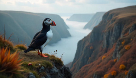 Puffin atop a Cliff Overlooking Misty Waterscapeの写真素材