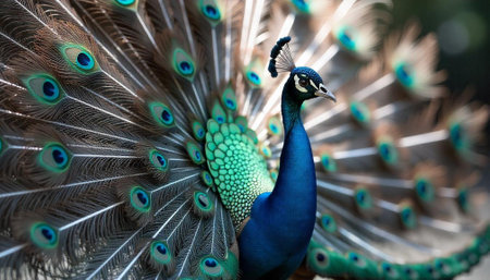 Proud peacock displays vibrant plumage in full display closeupの写真素材