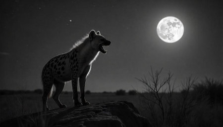 Hyena howling at the moon in a black and white landscapeの写真素材