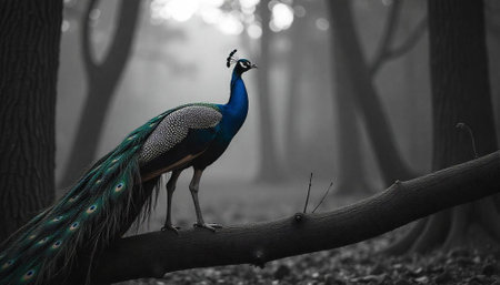 Majestic peacock perched on a branch in a misty forestの写真素材