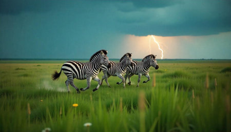 Zebras Running across the Grassy Plain with Lightning Behindの写真素材