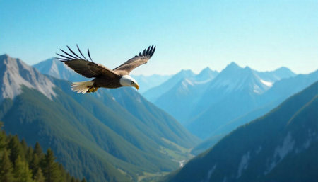 Bald Eagle soars above a scenic mountain valley landscapeの写真素材