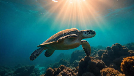 Sea turtle gracefully swimming through ocean waters sunlight filtersの写真素材