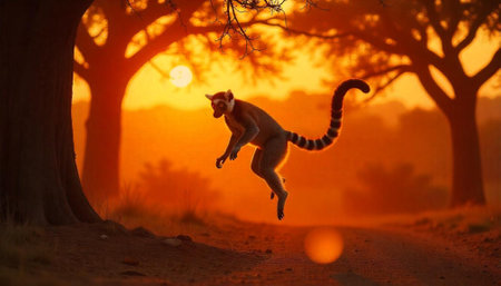 Lemur jumping during golden sunset in forest landscapeの写真素材