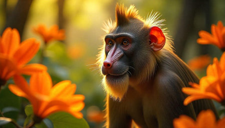 Mandrill monkey portrait amidst bright orange flowers in sunlightの写真素材