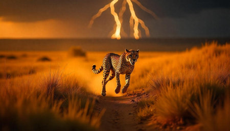 Cheetah running through grassy field during a lightning stormの写真素材