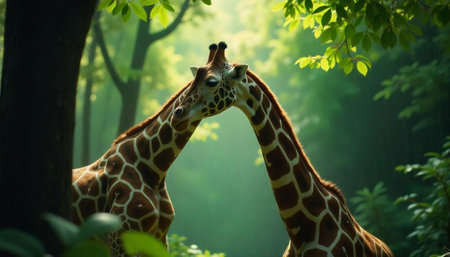 Two giraffes standing in a lush green forest scene