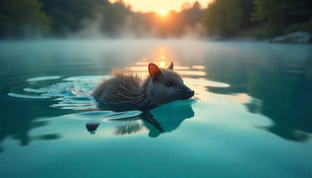 Wild animal swims gracefully in tranquil lake at sunriseの写真素材