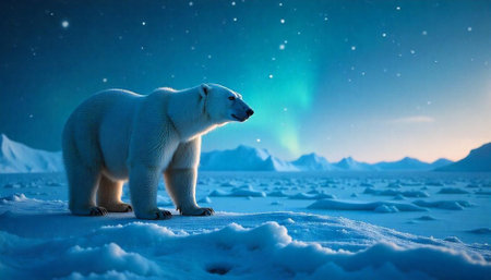 Polar Bear Stance in Arctic Aurora Landscape Imageの写真素材