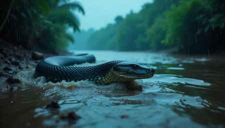 Anaconda in river during rain in tropical jungle