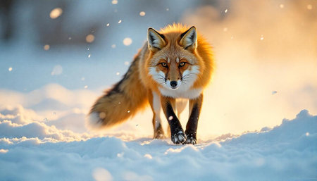 Fox in snowy environment during golden hour close up