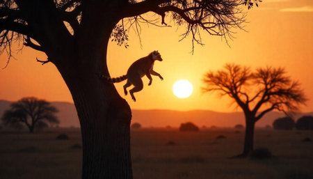 Ring-tailed Lemur Leap Silhouette Against African Sunset Sky
