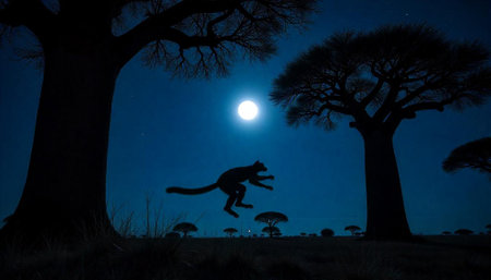 Silhouette of animal jumping at night with full moonの写真素材