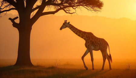 Giraffe silhouetted against golden sunset in African savannaの写真素材