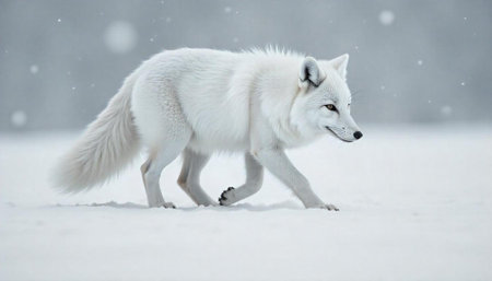 Arctic fox hunting in snowy tundra with falling snowの写真素材