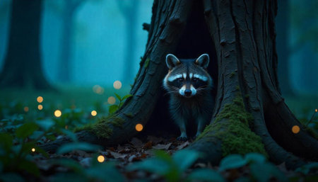 Raccoon peering from tree hollow in enchanted forestの写真素材