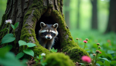 Adorable raccoon peeking out from its mossy tree hollowの写真素材