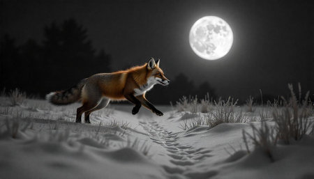 Fox leaps through snow under a bright full moon