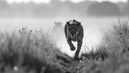 Cheetah running along a path in a black whiteの写真素材