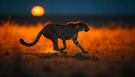 Cheetah walking at sunset in the African savannahの写真素材