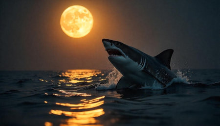 Great white shark breaching at night under full moon