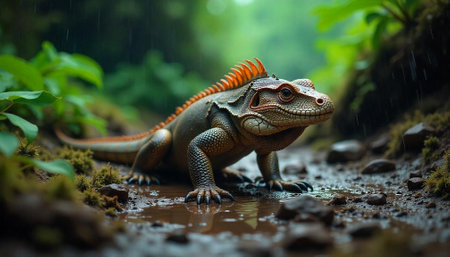 Green iguana in rainforest environment during light rainfall weatherの写真素材