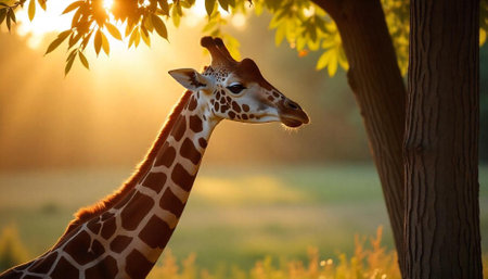 Giraffe portrait with sunlit tree background in natureの写真素材