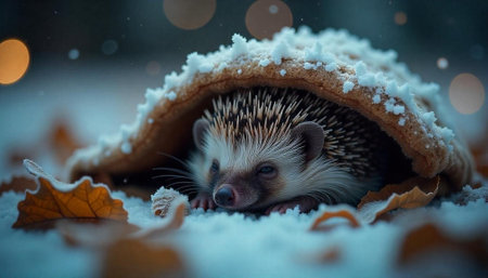 Cozy winter hedgehog under a snowy shelter among leavesの写真素材