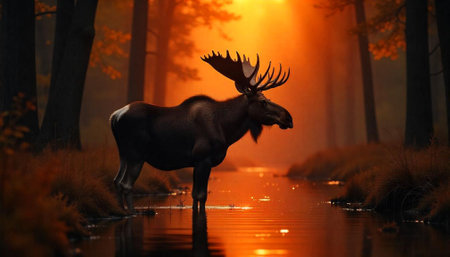 Moose stands majestically in an autumn forest stream.の写真素材