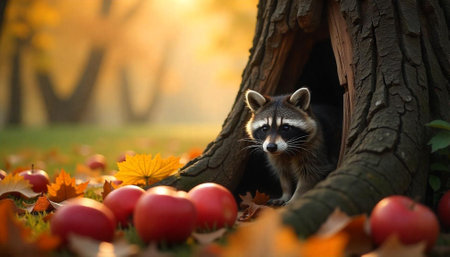 Raccoon in tree hollow surrounded by fallen apples leavesの写真素材