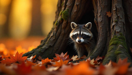Raccoon peeking out of tree hollow in autumn leavesの写真素材